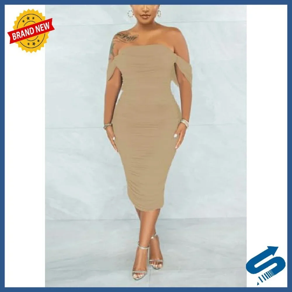 Off Shoulder Ruched Bodycon Midi Dress Cocktail Party Night Out - Picture 3 of 7